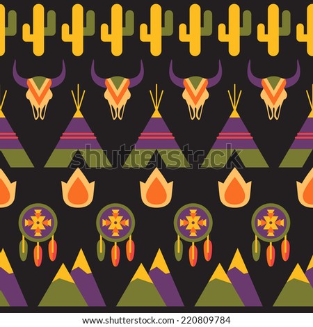Native american seamless vector colorful pattern, indigenous background illustration with dreamcatcher, fire, animal skull, wigwam and cactus