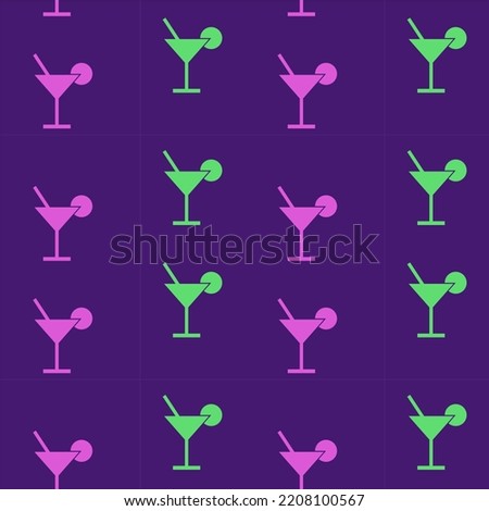 
Cocktail, seamless pattern, vector. Pattern of glasses in green and pink on a purple background.