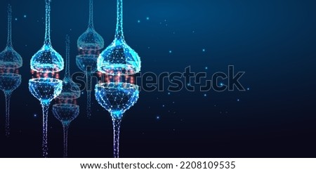 Neuron synapses, synaptic transmissions in human brain in futuristic glowing style on dark blue  Royalty-Free Stock Photo #2208109535
