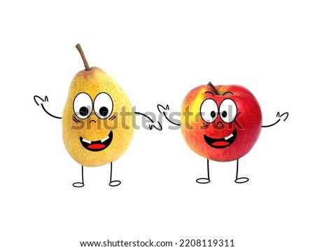 funny cartoon pear and apple isolated on white background. The concept of proper nutrition and vitamins