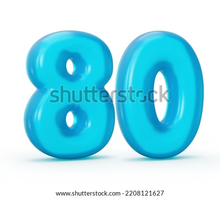 Blue jelly digit 80 Eighty isolated on white background Jelly colorful alphabets numbers for kids 3d illustration