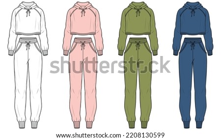 womens tracksuit set ladies plain crop top hoodie and jogging bottom technical drawing flat sketch vector illustration template. isolated on white background cad mockup. Royalty-Free Stock Photo #2208130599
