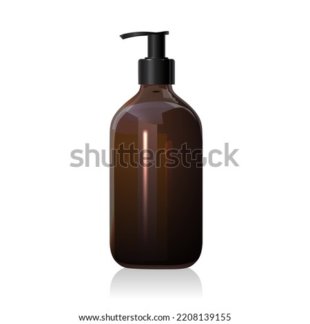 Blank brown glass bottle mockup with pump isolated on white background. Dark amber glass package. Realistic shampoo or soap dispenser. 3d vector healthcare mockup template. Royalty-Free Stock Photo #2208139155