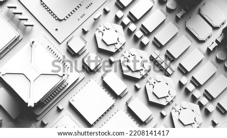 CPU chips on the motherboard . monochrome 3d illustration in white with shadows with contour lines 
