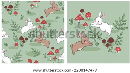 Bunny kids design print Hand drawn cute rabbit and Mushrooms seamless pattern illustration background woodland 