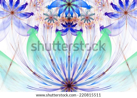 Abstract high resolution wallpaper with a detailed modern exotic looking flowers balanced against each and with a detailed flower line in the center, all in pastel colored green,teal,blue,pink,orange