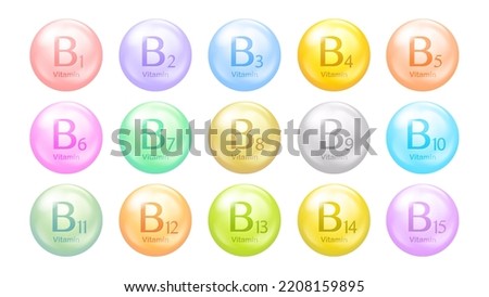 Vitamins B group vector icons. Set of round multicolored pills. Healthy life concept Royalty-Free Stock Photo #2208159895