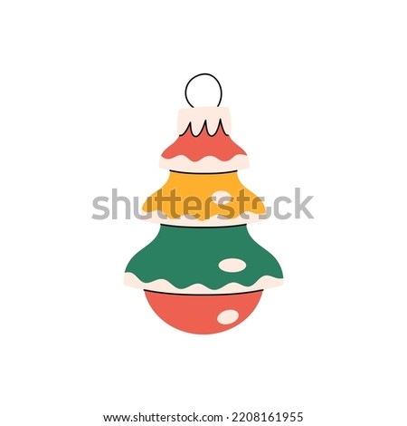Cute christmas ornaments. Colorful glass bulb for new year decorations. baubles and ornaments set. Xmas holiday toy and decor. Figure for fir-tree. Minimalistic flat hand-drawn isolated 