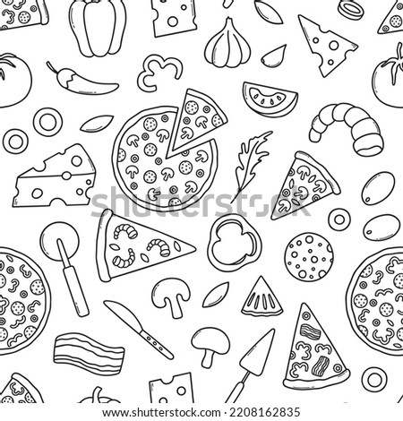 Hand drawn seamless pattern of pizza doodle. Different slices of pizza in sketch style. Vector illustration