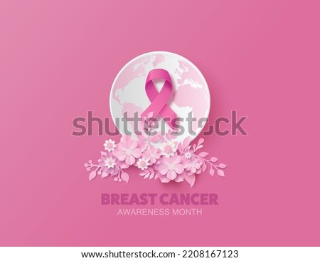 Breast cancer awareness month. paper cut style with flowers and pink ribbin. Royalty-Free Stock Photo #2208167123