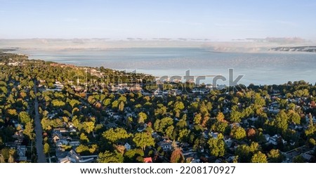 Aerial view of the town of Petoskey in the morning light, with Lake Michigan in the background