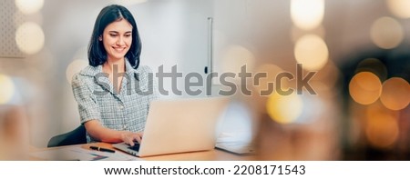 Successful businesswoman working with laptop at her office desk, Concept of business risk analysis and assessment, Banner cover design.