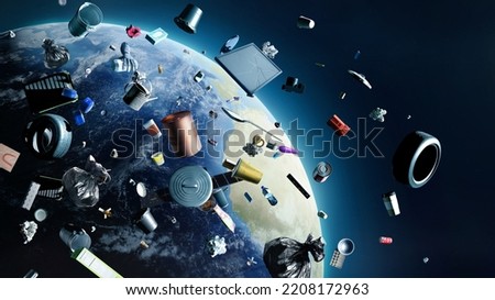 Сoncept of global pollution. A lot of different debris in the orbit of the earth with a view from space. Royalty-Free Stock Photo #2208172963