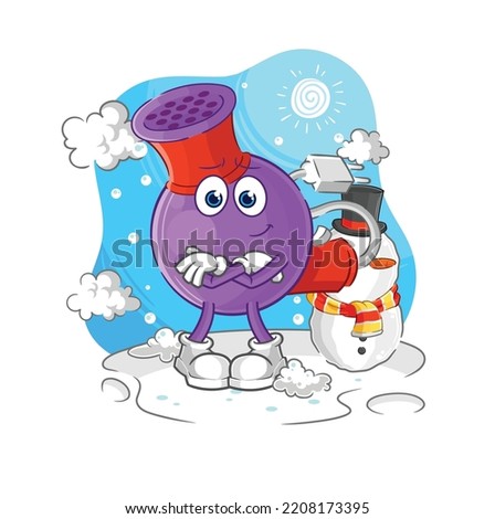 hair dryer in cold winter character. cartoon mascot vector