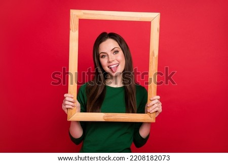 Photo of joyful brunette young lady tongue out in frame wear green shirt isolated on red color background
