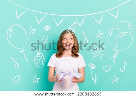 Creative drawing collage picture of cute little girl holding birthday present box bow wondering guessing party celebration decoration