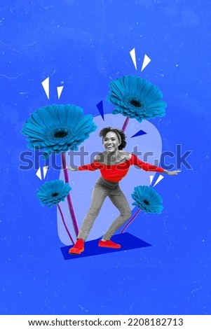 Vertical collage picture of excited cheerful girl black white effect big flowers isolated on painted background