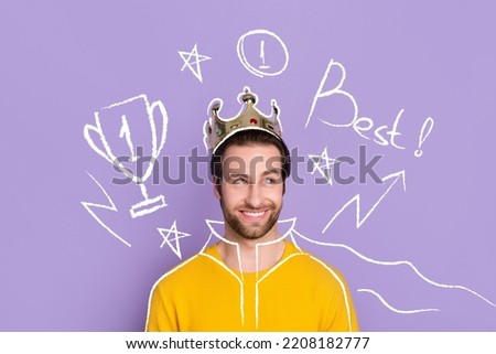Creative trend collage of handsome young man smiling wear golden crown king prince dream number one winner champion prize goblet superstar Royalty-Free Stock Photo #2208182777