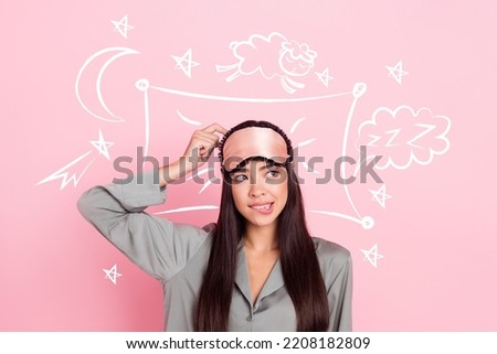 Creative drawing collage picture of nervous young beautiful woman cant sleep count sheep wear mask pajama lie pillow night insomnia