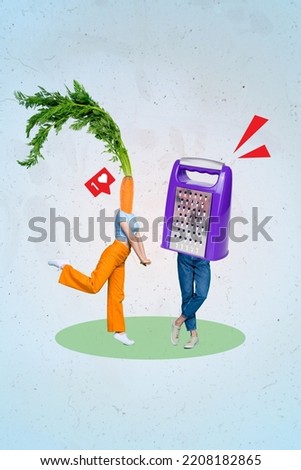 Vertical collage of two people carrot grater instead head like notification isolated on drawing creative background