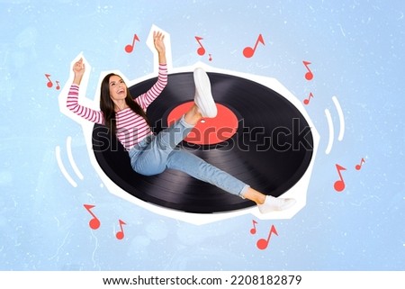 Collage picture of excited positive girl have fun good mood huge vinyl record drawing melody symbols isolated on painted background