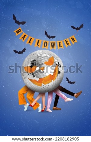 Vertical collage picture of huge disco ball people legs dancing halloween flags flying bats isolated on creative background