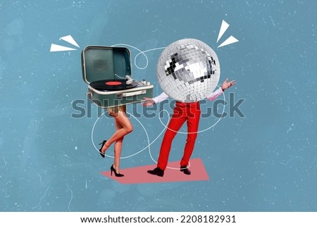 Creative abstract template collage of funny funky couple disco ball vinyl recorder woman man dancing boogie woogie have fun enjoy party Royalty-Free Stock Photo #2208182931