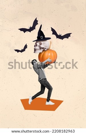 Creative drawing collage picture of astonished scared young man carry halloween party decoration disco celebration skull pumpkin witch hat
