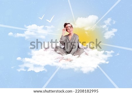 Composite collage image of peaceful calm young woman sit cloud wear sleeping mask pajama enjoy perfect morning sun sire and shine wake up