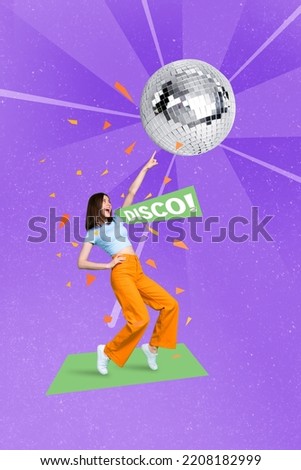 Vertical collage picture of excited carefree girl good mood point finger big disco ball dancing isolated on painted background