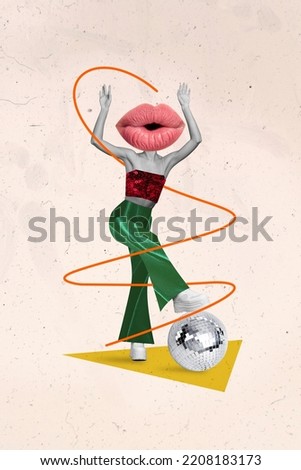 Vertical collage picture of excited person black white gamma huge lips instead head dancing disco ball isolated on drawing background