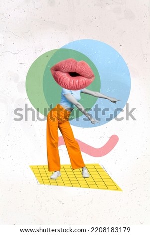 Vertical composite collage of excited girl point fingers dancing big lips instead head isolated on painted background