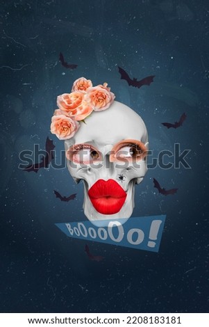 Creative drawing collage picture of funny spooky woman face skeleton skull glowers eyes kiss lips boo frighten halloween monster witch