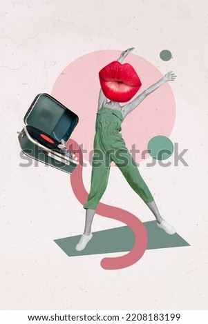 Vertical creative collage image of positive young woman big lips have fun enjoy vintage retro music recorder dancing drawing background Royalty-Free Stock Photo #2208183199