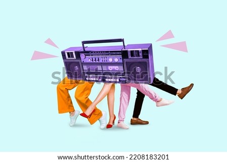 Composite collage of group people legs dancing big boombox isolated on creative painted background