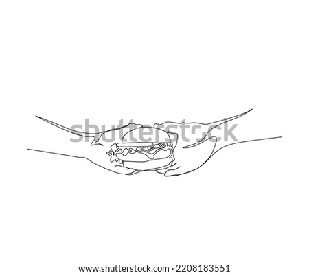 Continuous line drawing of Hands Holding Hamburger vector illustration. Hamburger single line hand drawn minimalism style.
