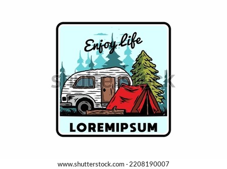 Illustration design of a Teardrop camper and tent in front of pine tree