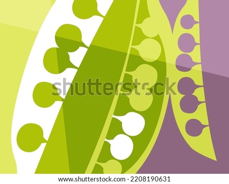 Abstract vegetable design in flat cut out style. Green peas in a pod silhouette and cross section. Vector illustration.