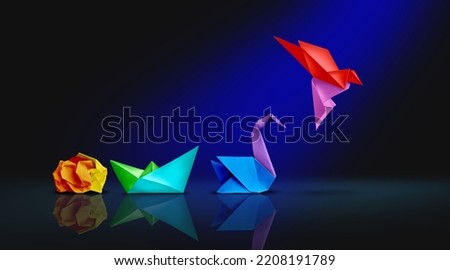 Transform and success or changing to succeed concept and leadership in business through innovation and evolution of ability as a crumpled paper transforming into a boat then a swan and a flying bird. Royalty-Free Stock Photo #2208191789