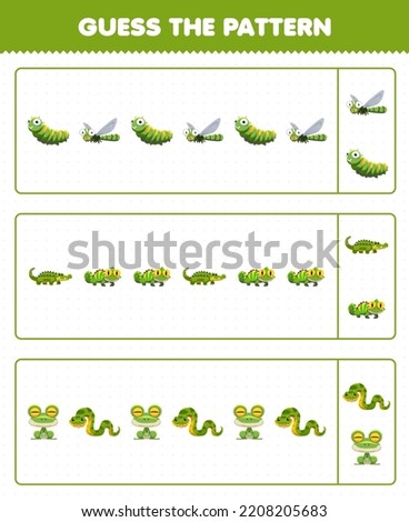 Education game for children guess the pattern each row from cute cartoon caterpillar dragonfly crocodile iguana frog snake printable green animal worksheet