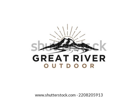 Mountain lake outdoor logo sunset scene illustration camp adventure river valley