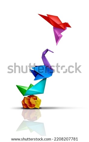 Reaching higher and success transformation or Transform and rise to succeed or improving concept and leadership in business through innovation or evolution with paper origami changed for the better.  Royalty-Free Stock Photo #2208207781