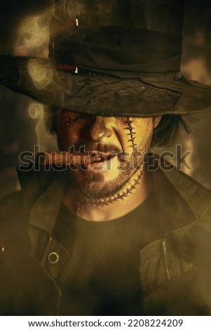 A portrait of a scary, damned Old West cowboy with huge scars on his face and neck, who smokes a cigar and hides his eyes behind a wide-brimmed leather hat. Halloween. Adventure horror novel. 