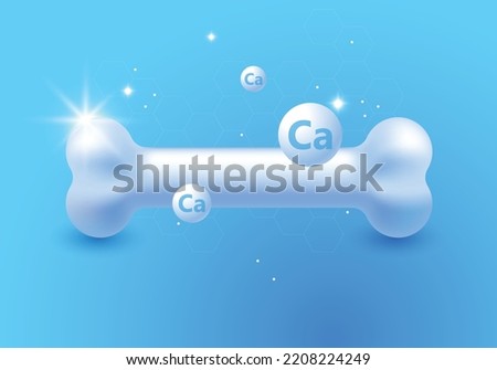 Realistic 3d bone with calcium. Calcium mineral sign. Glossy drop pill capsule. Dietary supplement bone, medical, healthcare concept. Calcium effect, bone strengthening, exocytosis Royalty-Free Stock Photo #2208224249