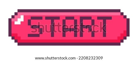 Start button for arcades, box with pixelated text. Level beginning, tile with copy space, playing interface elements. Pixel art, 8 bit retro graphics, old games designs. Vector in flat style Royalty-Free Stock Photo #2208232309