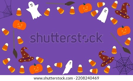 Halloween background with ghosts, spiderwebs, candy corns, witch hats, broom and pumpkins. Purple, black, yellow, orange colors. Halloween themed.