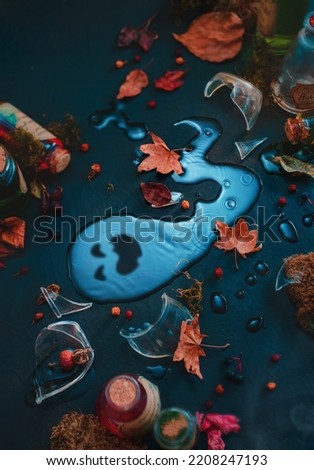 Halloween flatlay, ghost silhouette in raindrops with autumn leaves, creative still life