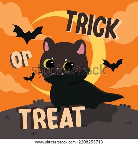 Happy Halloween day cute cat background vector. Cute kitten with vampire costume, bat, trick or treat, horror night setting. Adorable autumn festival poster for decoration, prints.
