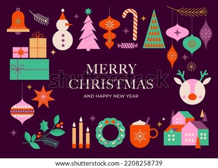 Christmas background with multiple Xmas decorations and winter elements. Colorful vector illustration in flat geometric cartoon style