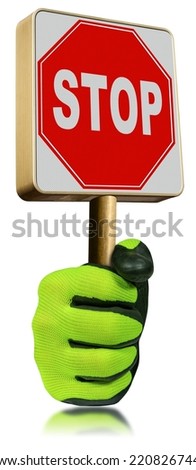 Hand with protective work glove, holding a stop road sign. Isolated on white background and reflections. 